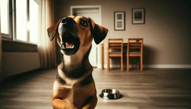 A dog begging and barking at the same time in a high-definition image
