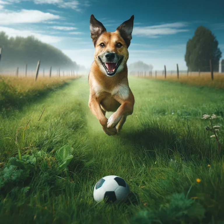 A high-definition image of a dog running in a field, chasing a ball