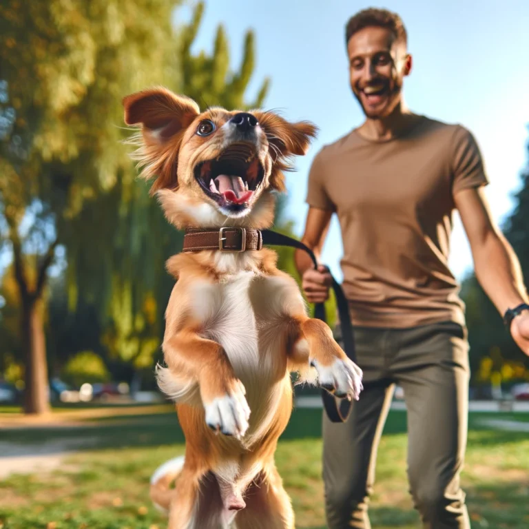 An excited dog jumping up at its owner while on a leash