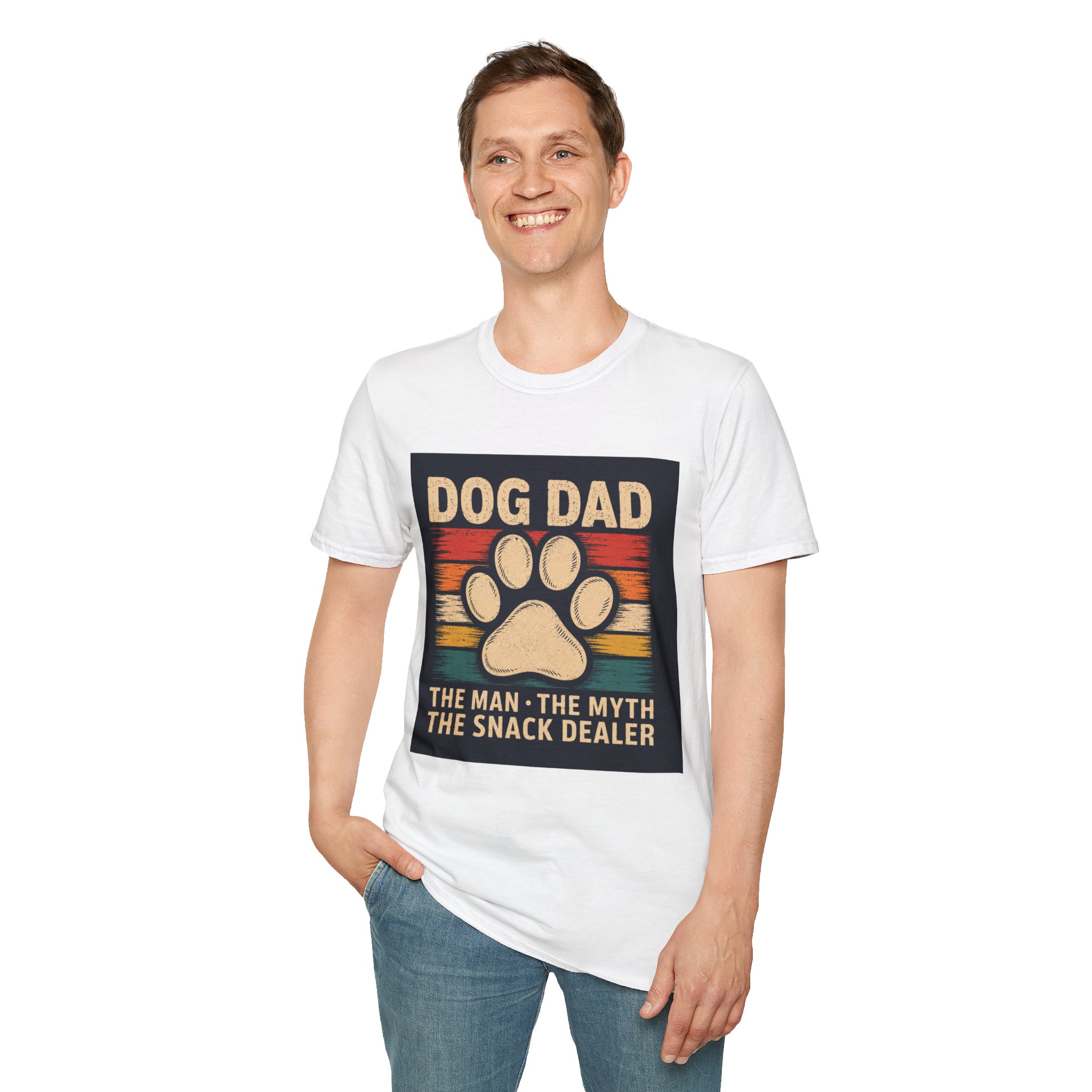 Dog Dad T-Shirt | Retro Paw Print “The Man • The Myth • The Snack Dealer”