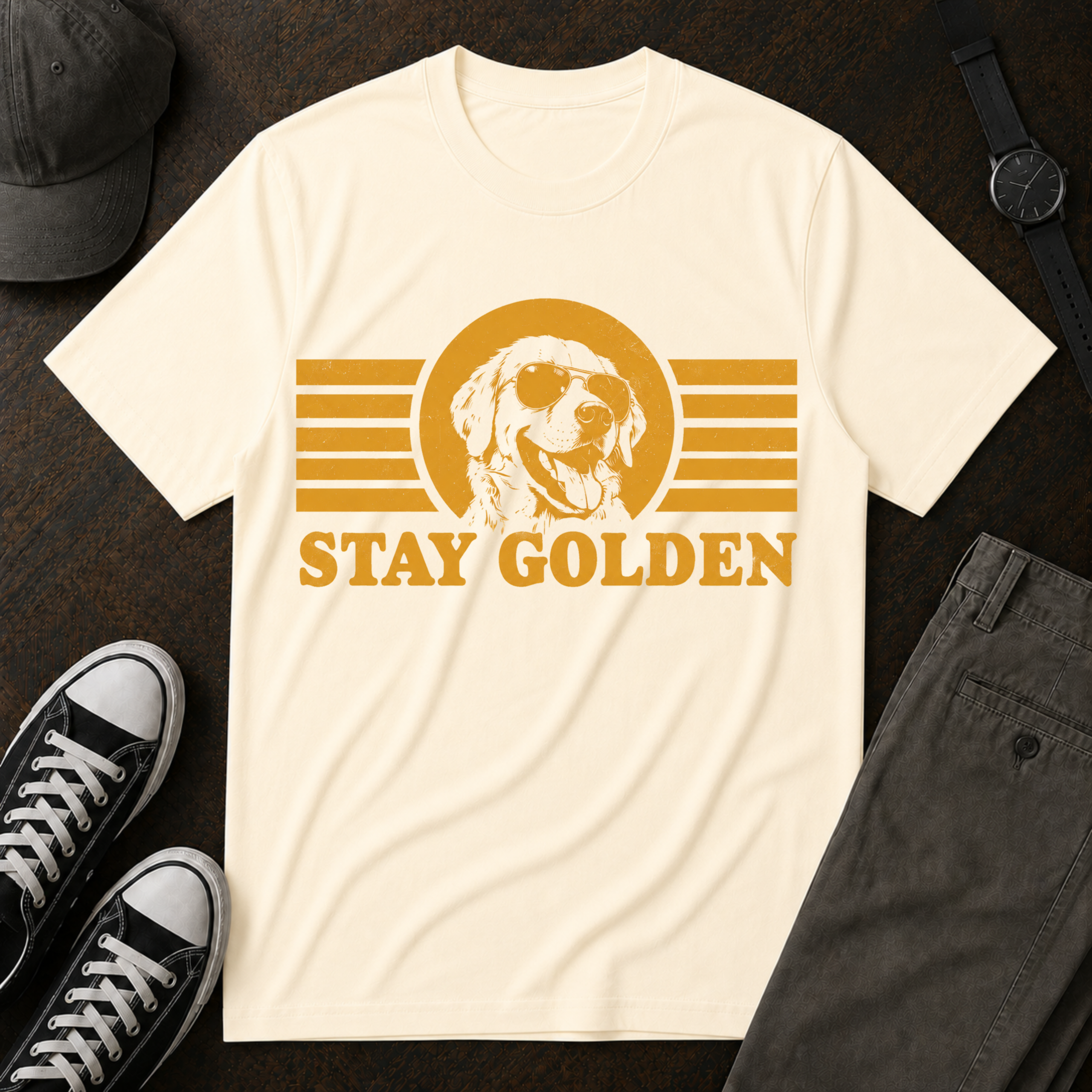 Stay Golden Golden Retriever T-Shirt – Retro Dog Lover Vintage Graphic Tee for Dog Moms & Dog Dads